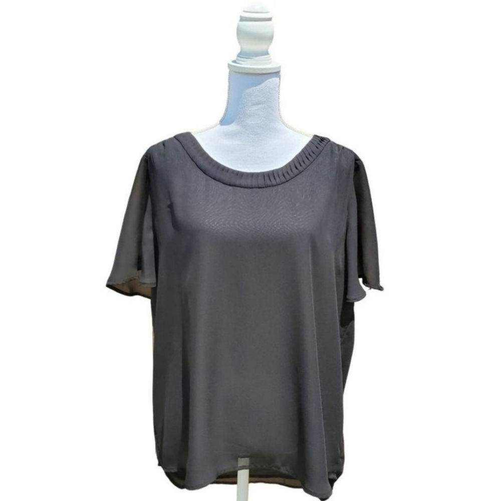 Pleione Womens Black Scoop Neck Short Sleeve High Low Blouse Size XL